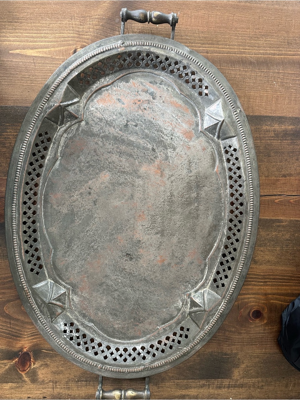 Vintage Solid Copper Serving Tray Oval Pierced Gallery Tray With Handles 29”